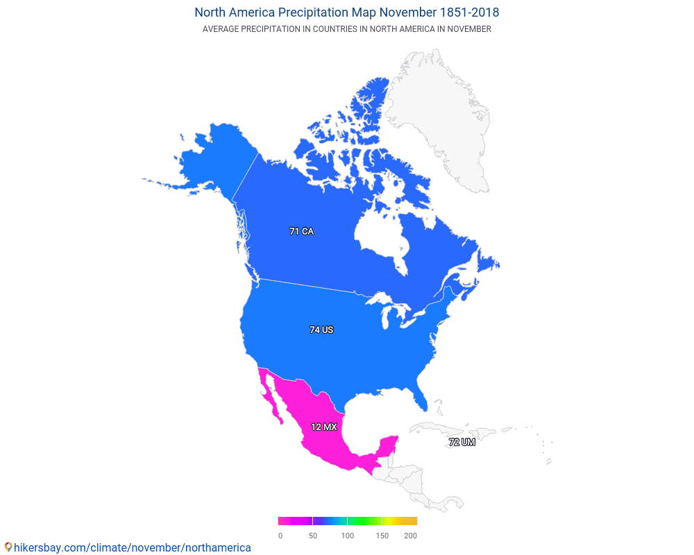 北美洲 - 北美洲 多年来的平均温度。 11月 的平均天气。 hikersbay.com