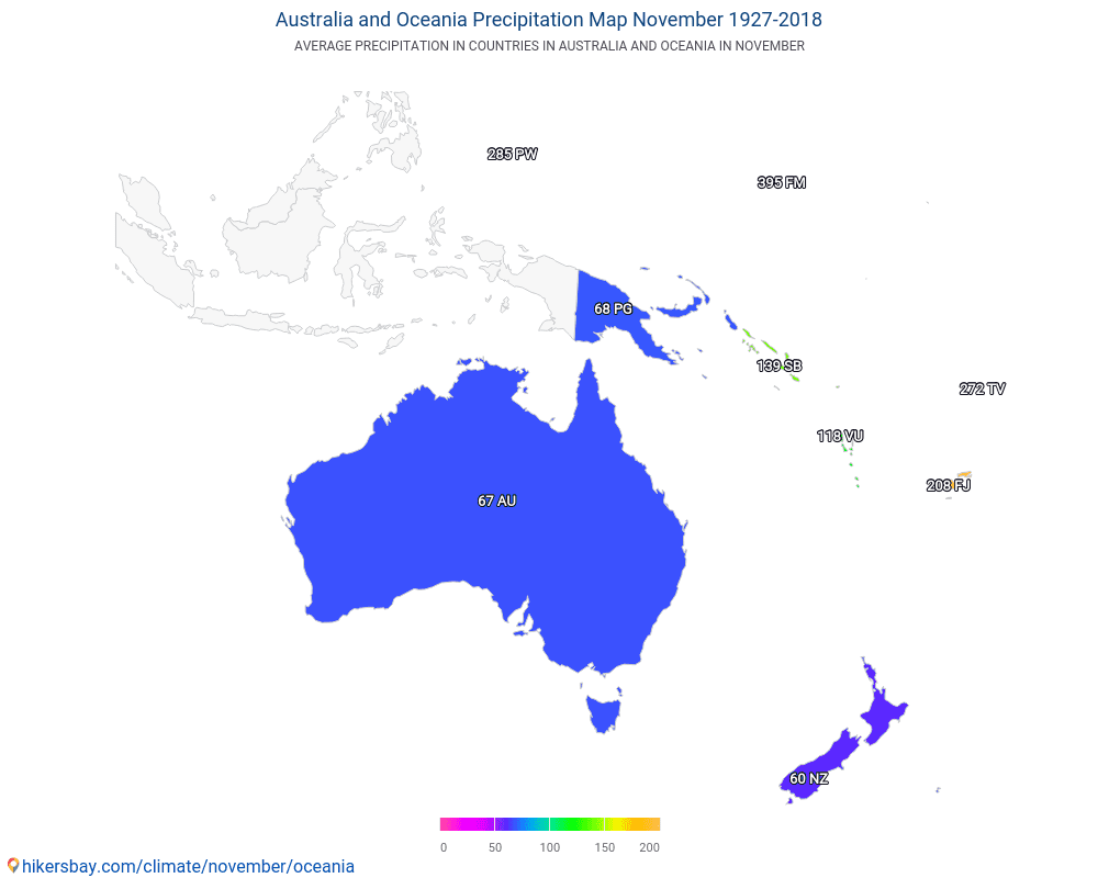澳大利亚和大洋洲 - 澳大利亚和大洋洲 多年来的平均温度。 11月 的平均天气。 hikersbay.com