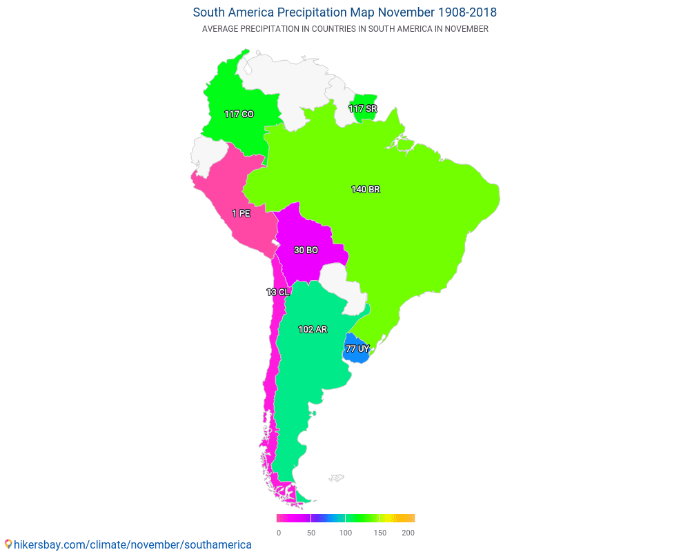 South America - Average temperature in South America over the years. Average weather in November. hikersbay.com