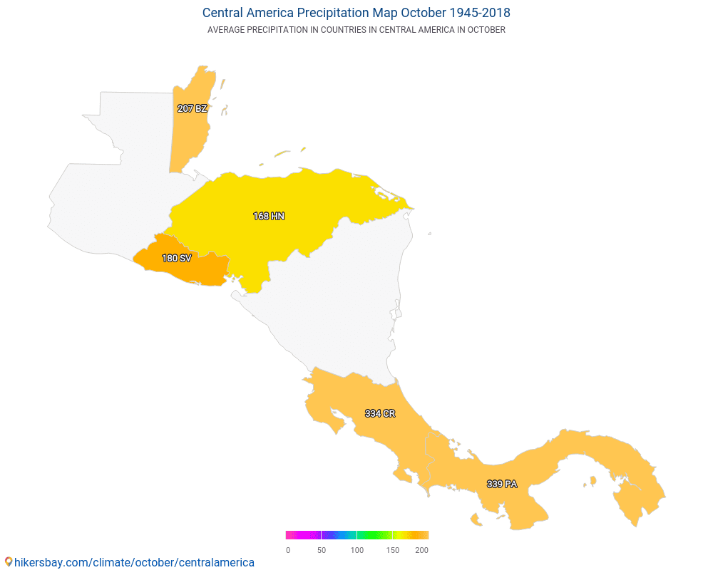 Amerika Tengah - Suhu rata-rata di Amerika Tengah selama bertahun-tahun. Cuaca rata-rata di Oktober. hikersbay.com
