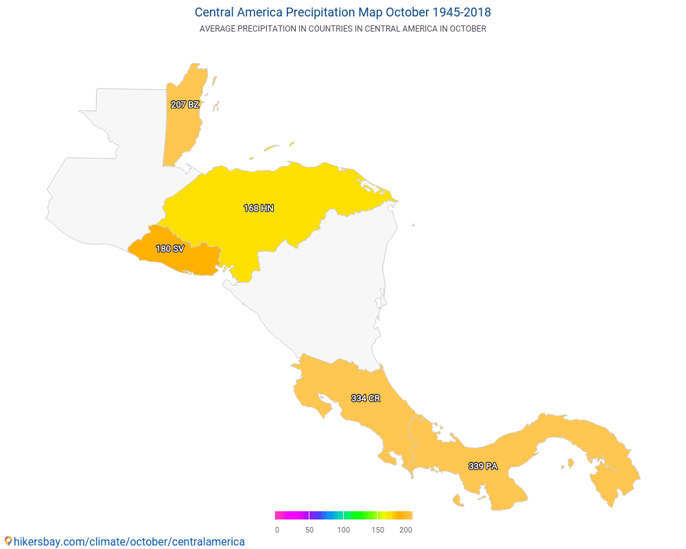 Keski-Amerikka - Keskimääräinen lämpötila Keski-Amerikka vuosien ajan. Keskimääräinen sää Lokakuu aikana. hikersbay.com