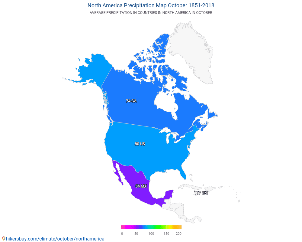 北美洲 - 北美洲 多年来的平均温度。 10月 的平均天气。 hikersbay.com