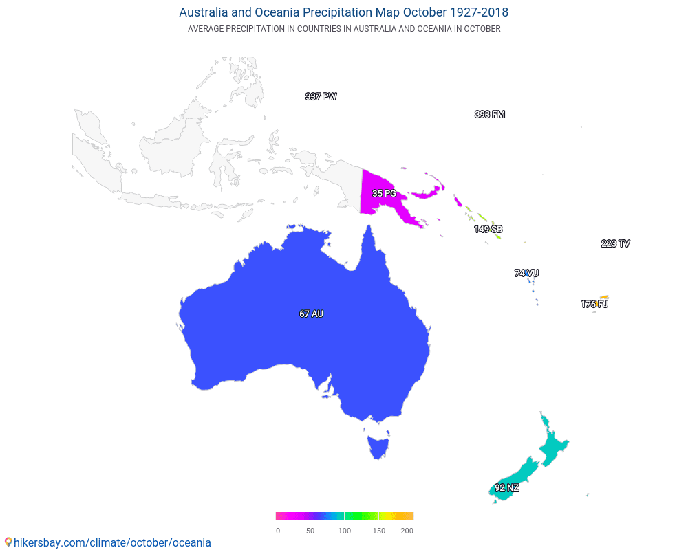 أستراليا وأوقيانوسيا - متوسط درجة الحرارة في أستراليا وأوقيانوسيا على مر السنين. متوسط الطقس في أكتوبر. hikersbay.com