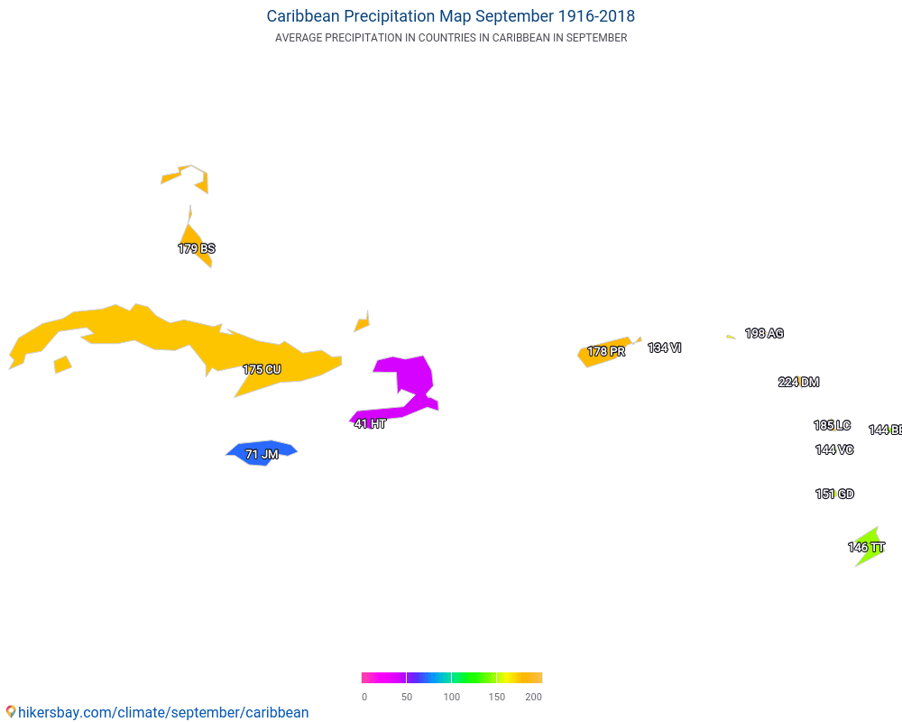 Karibik - Průměrná teplota v Karibik v letech. Průměrné počasí v Září. hikersbay.com