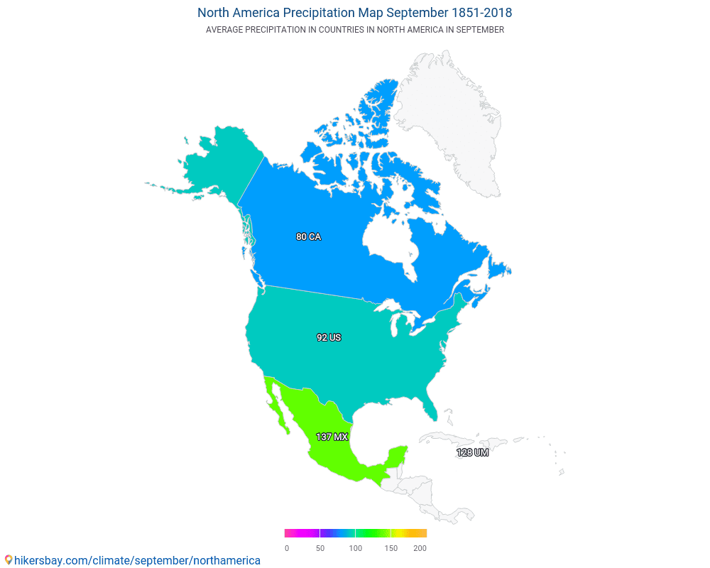 América del Norte - Temperatura media en América del Norte a lo largo de los años. Tiempo promedio en Septiembre. hikersbay.com