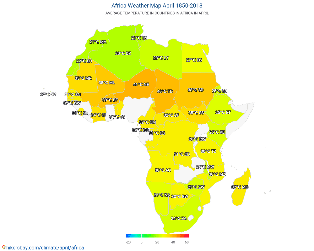 Afrika - Medeltemperatur i Afrika under åren. Genomsnittligt väder i April. hikersbay.com
