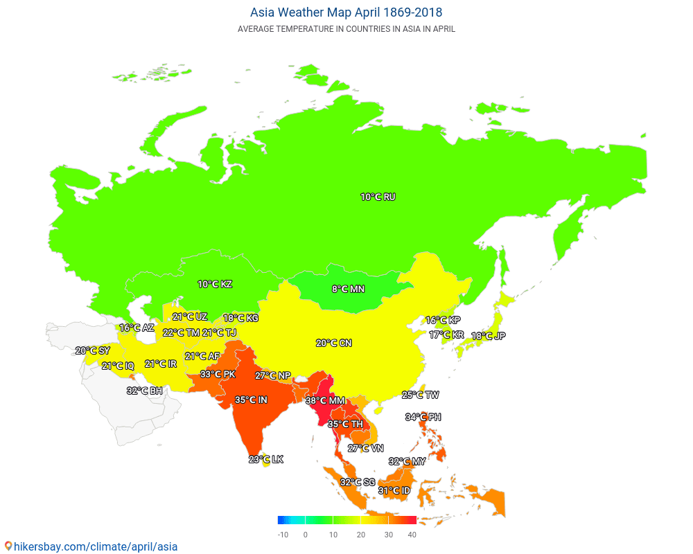 Azië - Gemiddelde temperatuur in de Azië door de jaren heen. Het gemiddelde weer in April. hikersbay.com