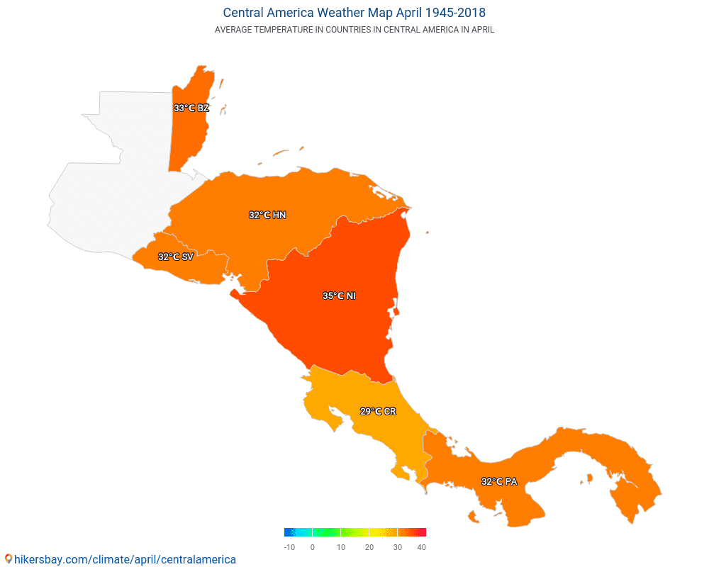 Centraal-Amerika - Gemiddelde temperatuur in Centraal-Amerika door de jaren heen. Gemiddeld weer in April. hikersbay.com
