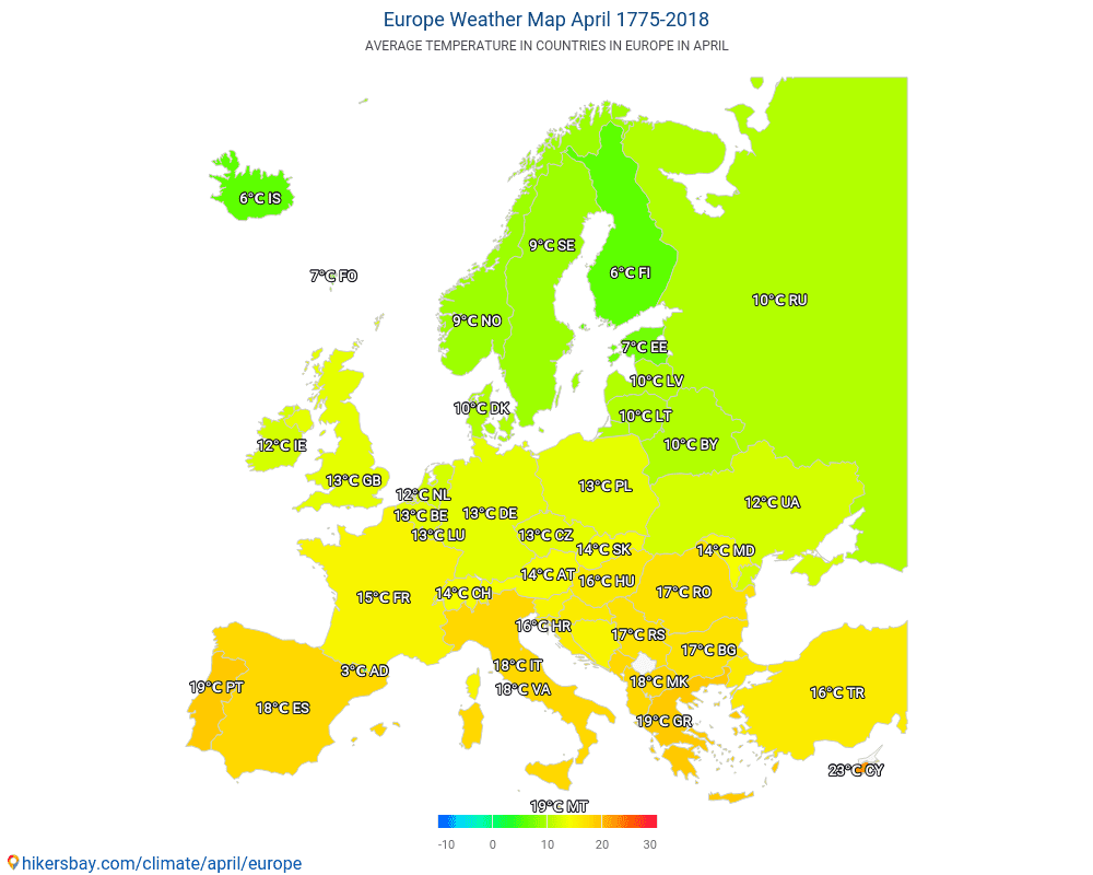 Europa - Gemiddelde temperatuur in de Europa door de jaren heen. Het gemiddelde weer in April. hikersbay.com