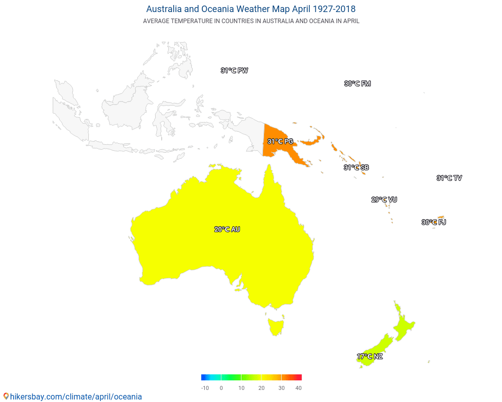 Australia og Oseania - Gjennomsnittstemperatur i Australia og Oseania gjennom årene. Gjennomsnittlig vær i April. hikersbay.com
