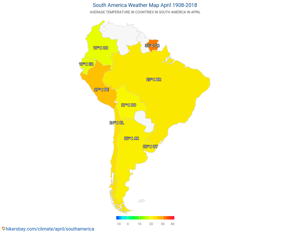 Sydamerika - Medeltemperatur i Sydamerika under åren. Genomsnittligt väder i April. hikersbay.com