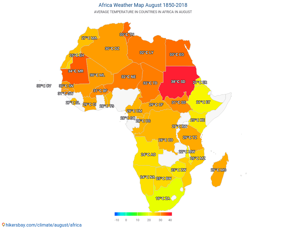 אפריקה - טמפרטורה ממוצעת ב אפריקה במשך השנים. מזג אוויר ממוצע ב אוגוסט. hikersbay.com