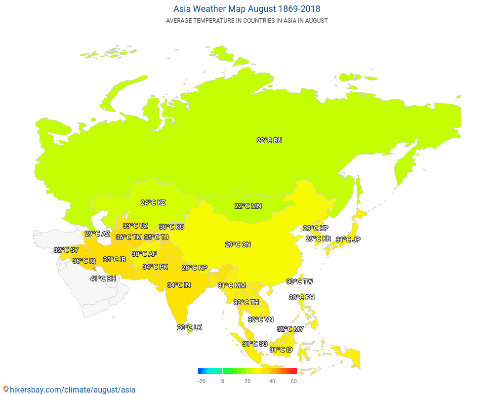 Azja - Średnie temperatury w Azji w ubiegłych latach. Historyczna średnia pogoda w sierpniu. hikersbay.com
