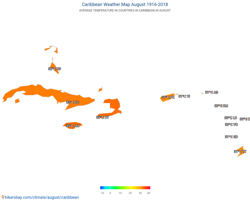 Caraïbes - Température moyenne en Caraïbes au fil des ans. Conditions météorologiques moyennes en août. hikersbay.com