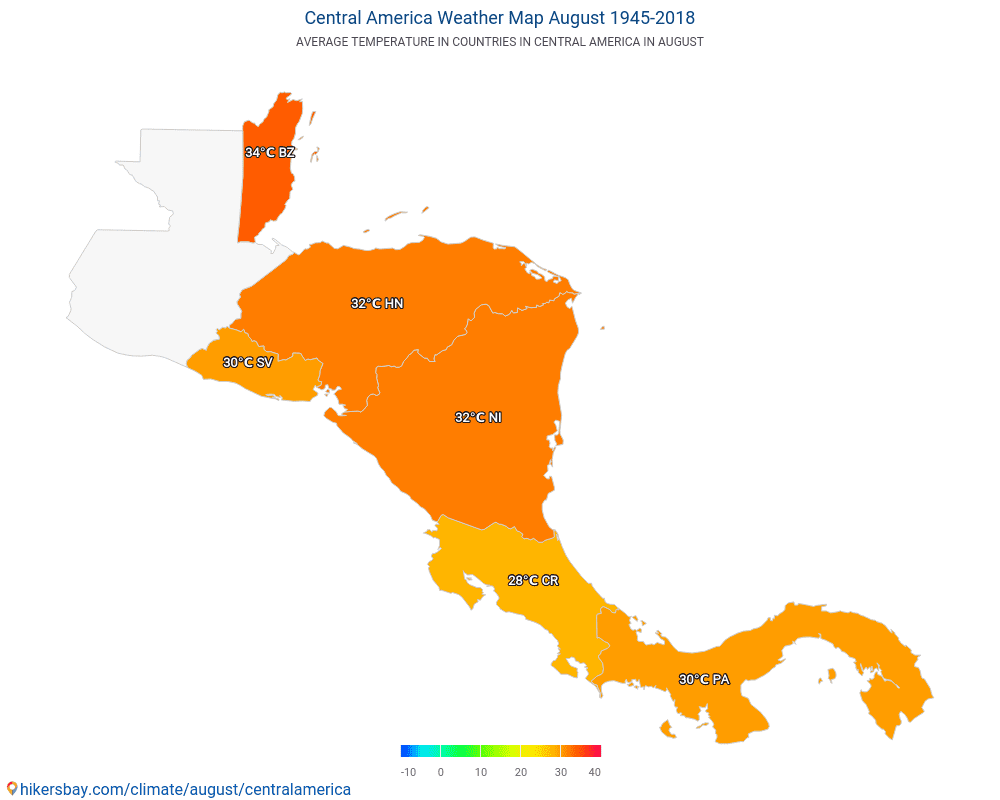 Centralamerika - Medeltemperatur i Centralamerika under åren. Genomsnittligt väder i Augusti. hikersbay.com
