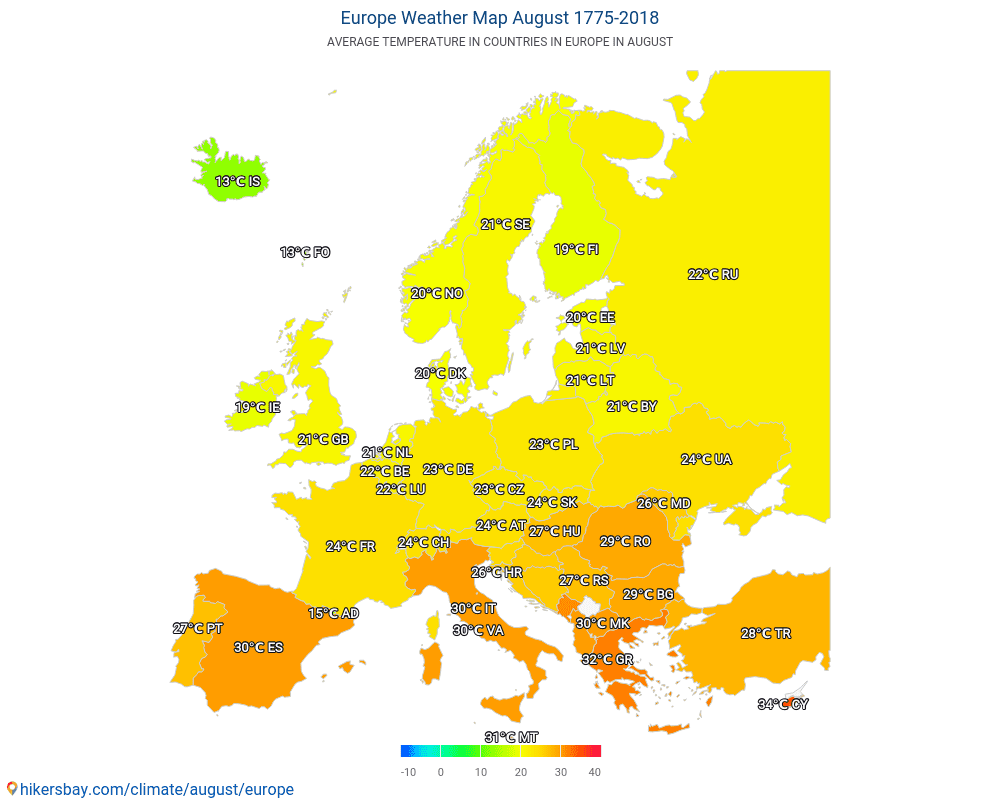 Evropa - Průměrná teplota v Evropa během let. Průměrné počasí v Srpen. hikersbay.com