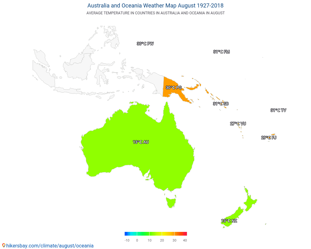 Austrālija un Okeānija - Vidējā temperatūra Austrālija un Okeānija gada laikā. Vidējais laiks Augusts. hikersbay.com