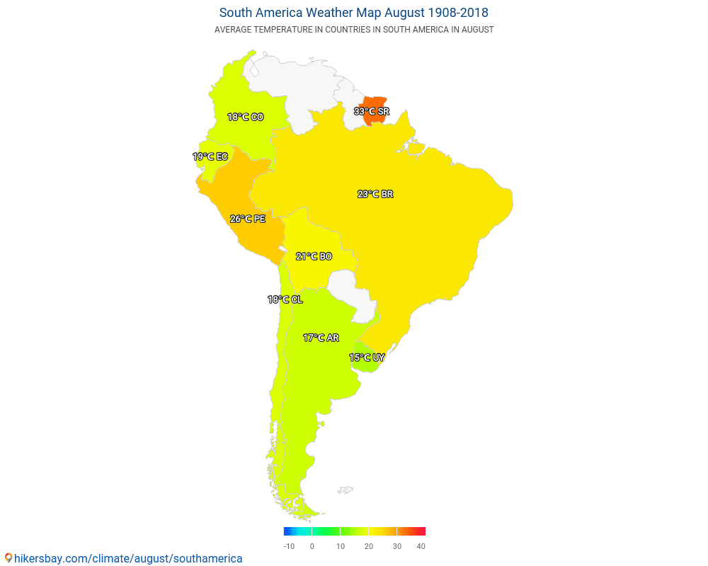 Zuid-Amerika - Gemiddelde temperatuur in Zuid-Amerika door de jaren heen. Gemiddeld weer in Augustus. hikersbay.com