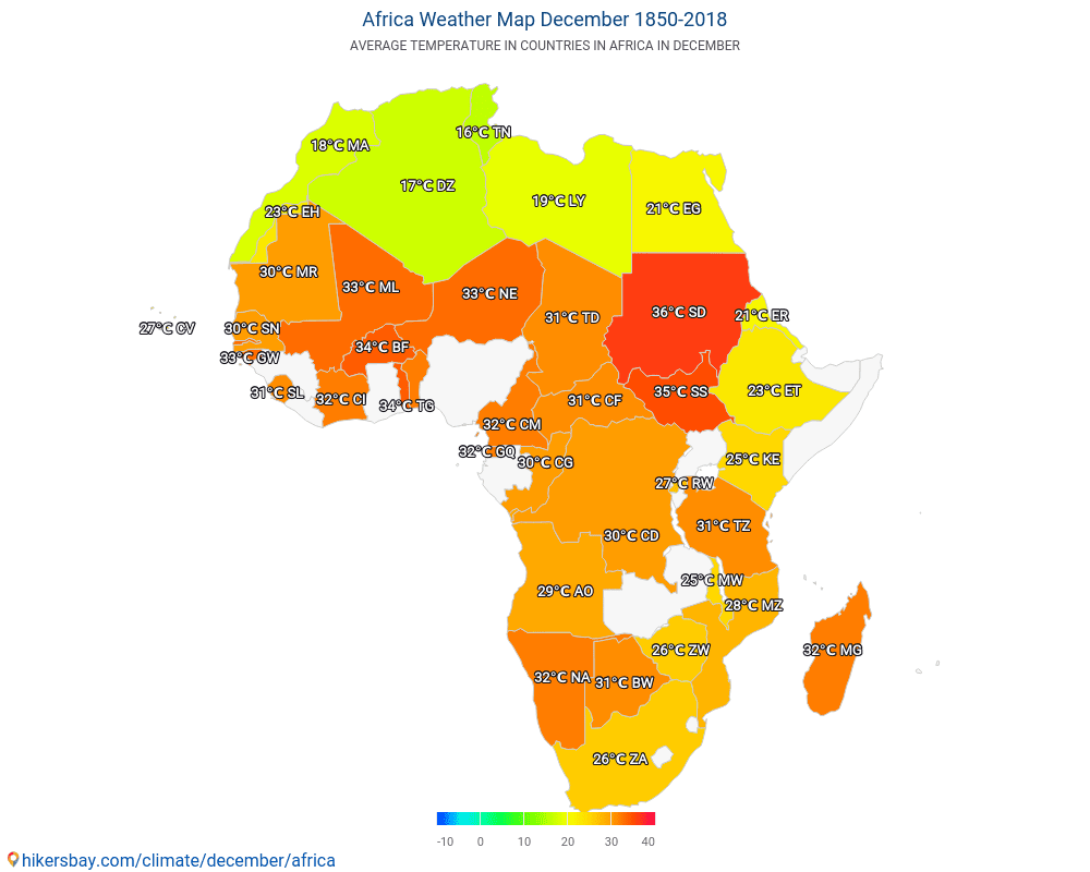 Afrika - Gemiddelde temperatuur in Afrika door de jaren heen. Gemiddeld weer in december. hikersbay.com