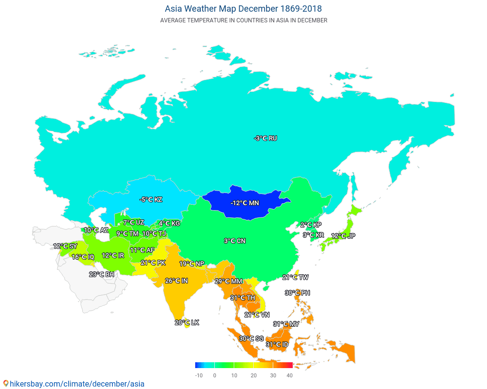 آسيا - متوسط درجة الحرارة في آسيا على مر السنين. متوسط الطقس في ديسمبر. hikersbay.com