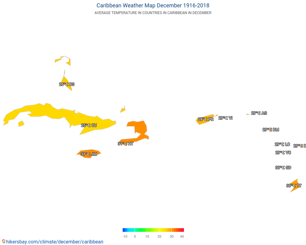Vùng Caribe - Nhiệt độ trung bình tại Vùng Caribe qua các năm. Thời tiết trung bình tại tháng mười hai. hikersbay.com