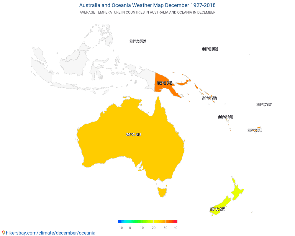 Австралия и Океания - Средна температура в Австралия и Океания през годините. Средно време в декември. hikersbay.com