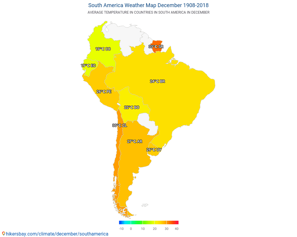 南美洲 - 南美洲 多年来的平均温度。 12月 的平均天气。 hikersbay.com