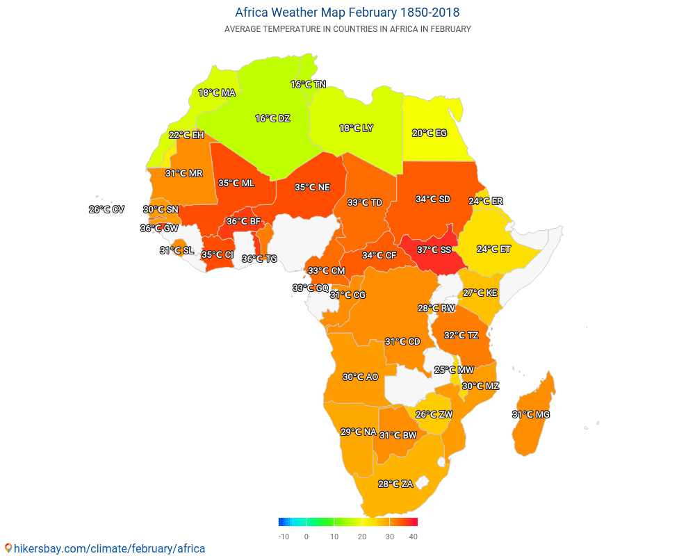 Afrique - Température moyenne à Afrique au fil des ans. Conditions météorologiques moyennes en février. hikersbay.com