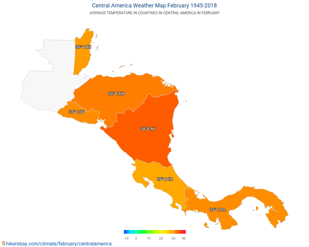 Centrālamerika - Vidējā temperatūra Centrālamerika gada laikā. Vidējais laiks Februāris. hikersbay.com