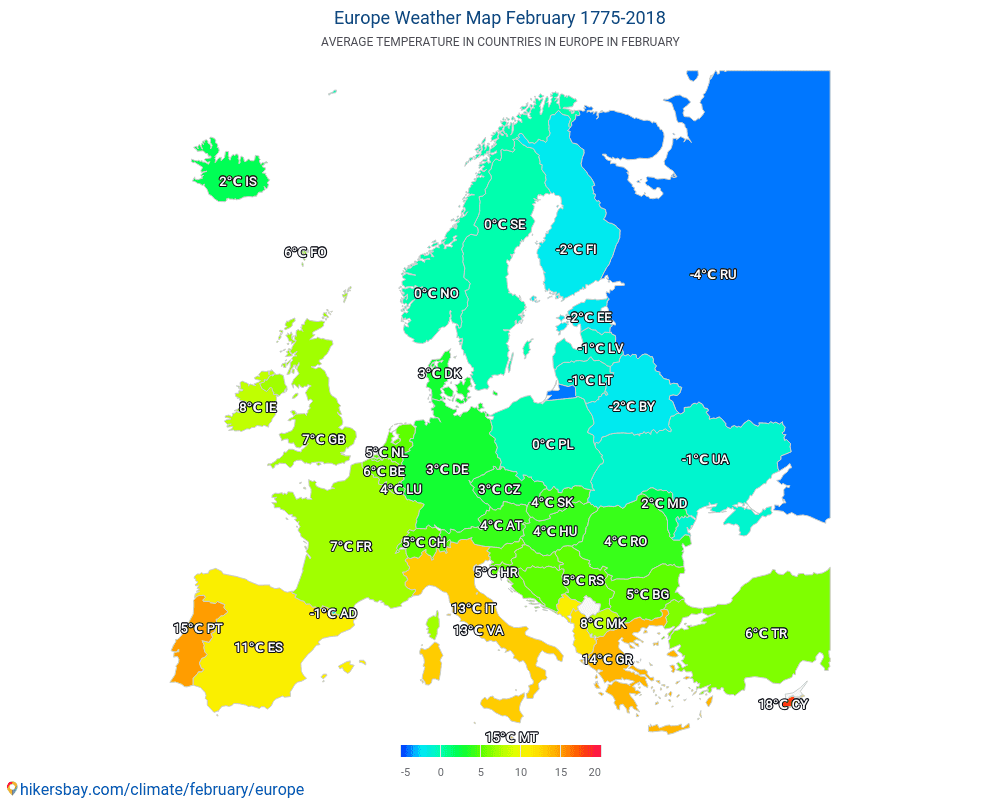 Европа - Средна температура в Европа през годините. Средно време в Февруари. hikersbay.com