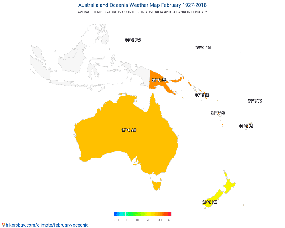 Австралия и Океания - Средна температура в Австралия и Океания през годините. Средно време в Февруари. hikersbay.com