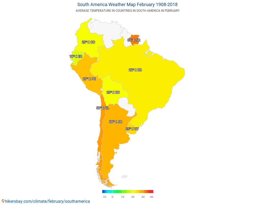 America de Sud - Temperatura medie în America de Sud de-a lungul anilor. Vremea medie în Februarie. hikersbay.com