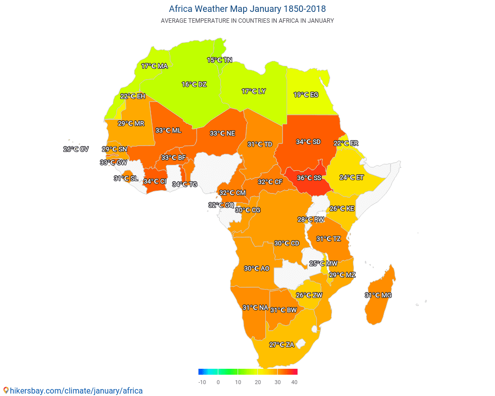 Africa - Average temperature in Africa over the years. Average weather in January. hikersbay.com