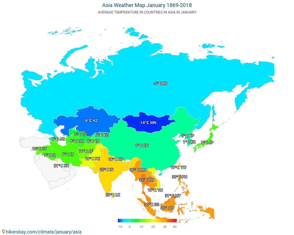 Ásia - Temperatura média em Ásia ao longo dos anos. Clima médio em Janeiro. hikersbay.com