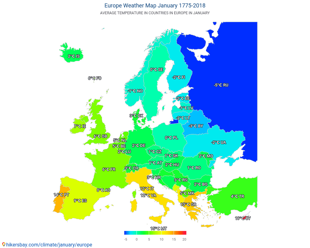 Europe - Average temperature in Europe over the years. Average weather in January. hikersbay.com