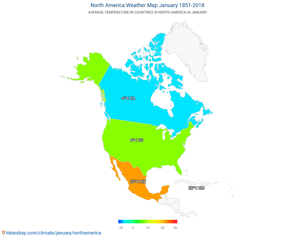 Nordamerika - Medeltemperaturen i Nordamerika under åren. Genomsnittliga vädret i Januari. hikersbay.com