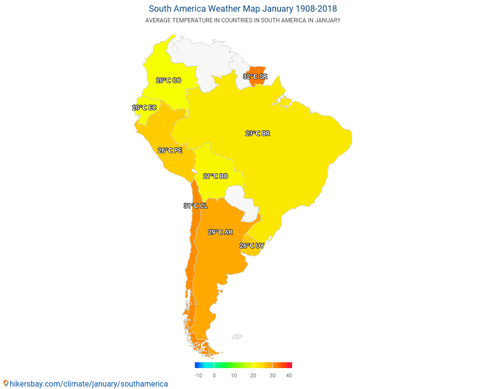 Sydamerika - Gennemsnitstemperatur i Sydamerika over årene. Gennemsnitligt vejr i Januar. hikersbay.com
