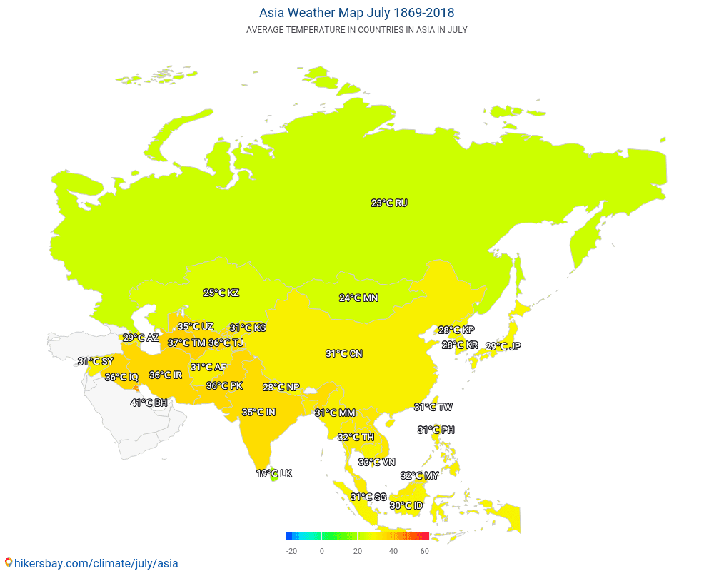 Азія - Середня температура в Азія протягом років. Середня погода в липні. hikersbay.com