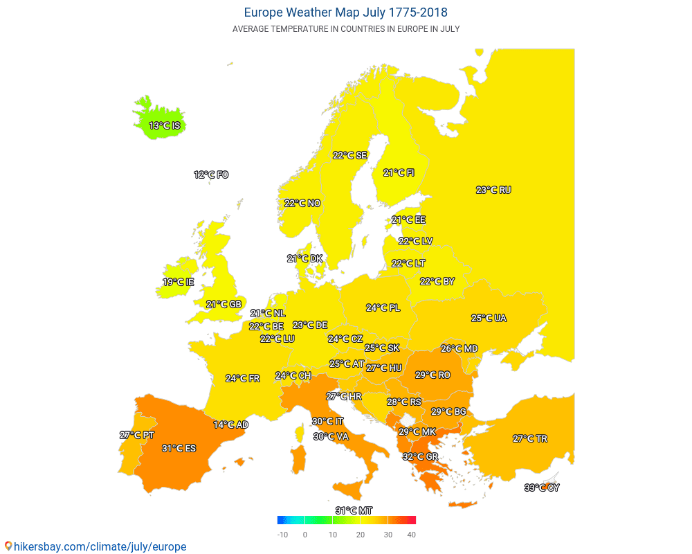 Европа - Средна температура в Европа през годините. Средно време в Юли. hikersbay.com