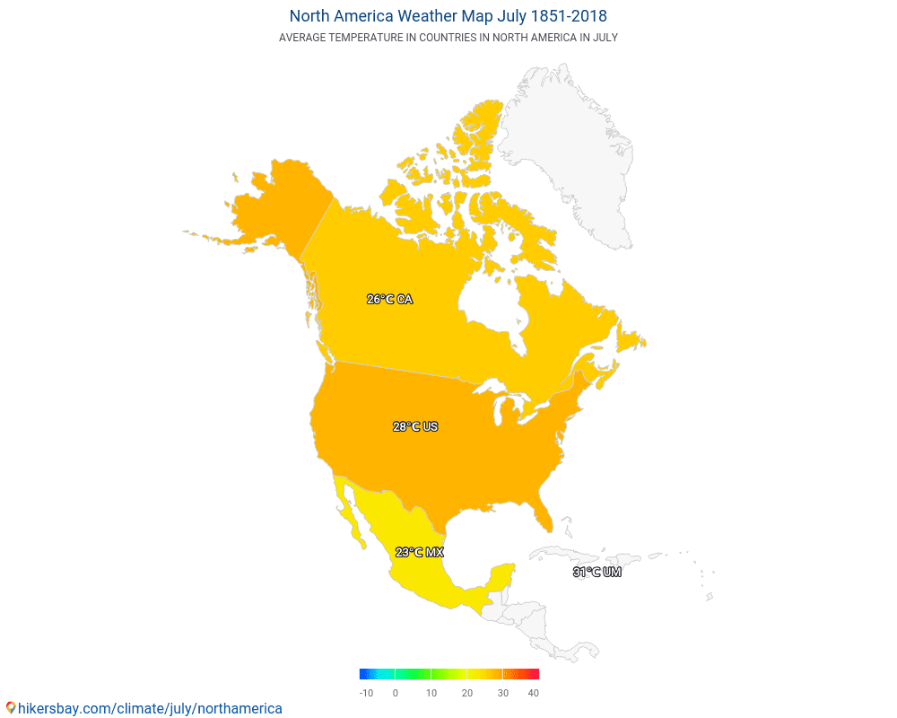 北美洲 - 北美洲 多年来的平均温度。 7月 的平均天气。 hikersbay.com