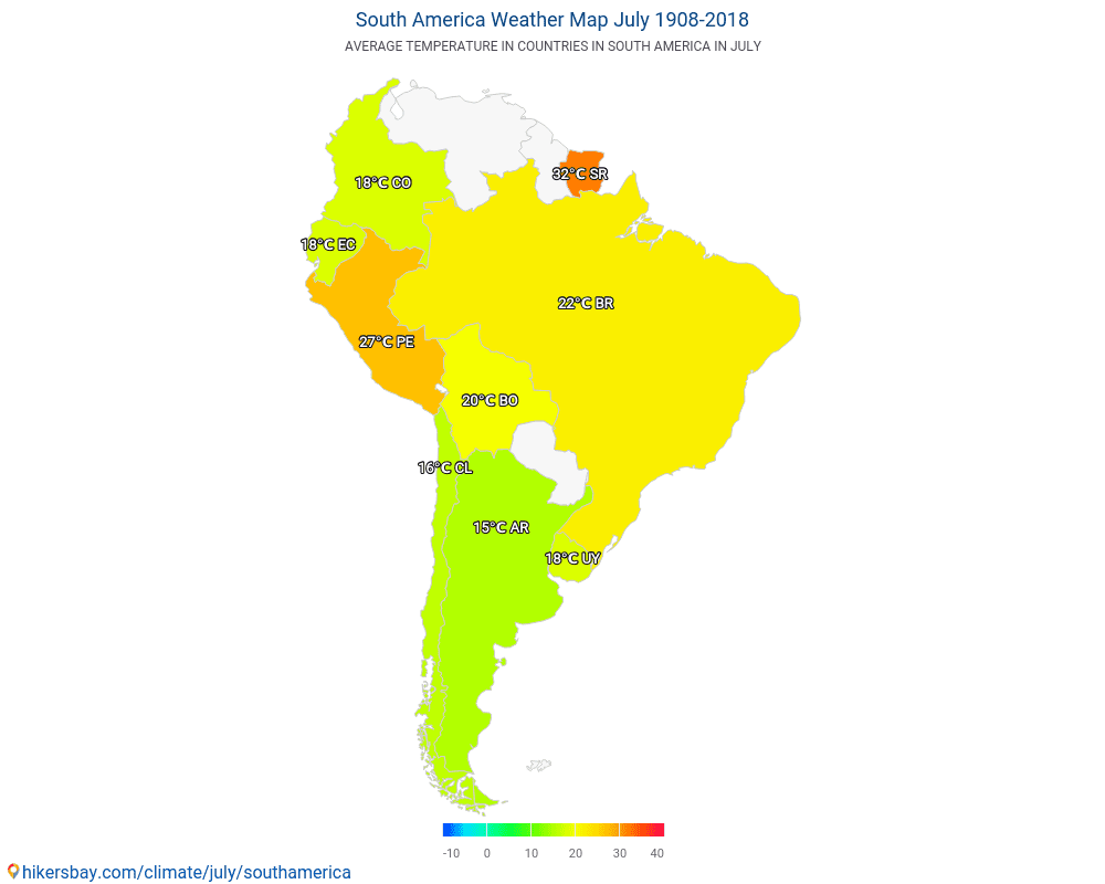 Dél-Amerika - Dél-Amerika Átlagos hőmérséklete az évek során. Átlagos Időjárás júliusban. hikersbay.com