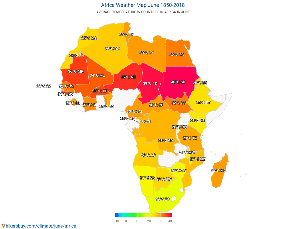 Āfrika - Vidējā temperatūra Āfrika gada laikā. Vidējais laiks Jūnijs. hikersbay.com