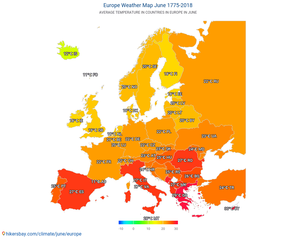 Europa - Gjennomsnittstemperatur i Europa gjennom årene. Gjennomsnittlig vær i Juni. hikersbay.com