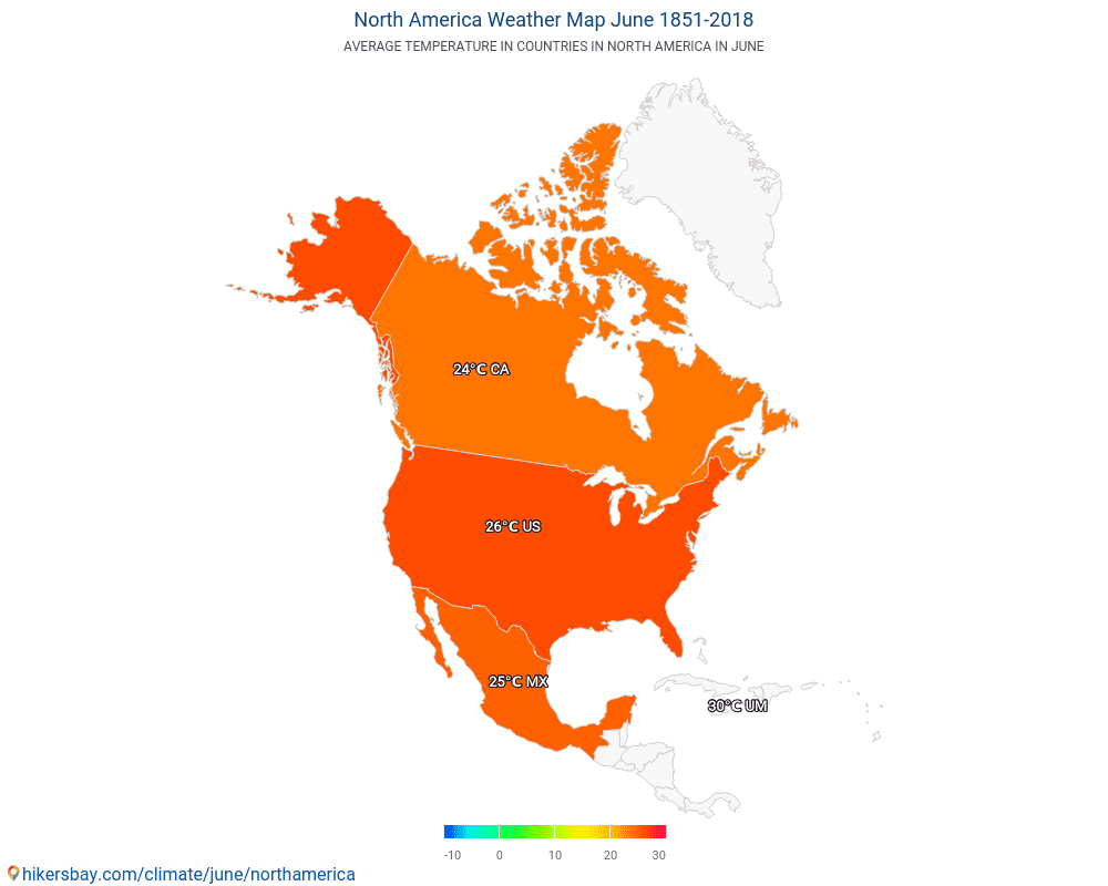 America del Nord - Temperatura media in America del Nord nel corso degli anni. Clima medio a giugno. hikersbay.com