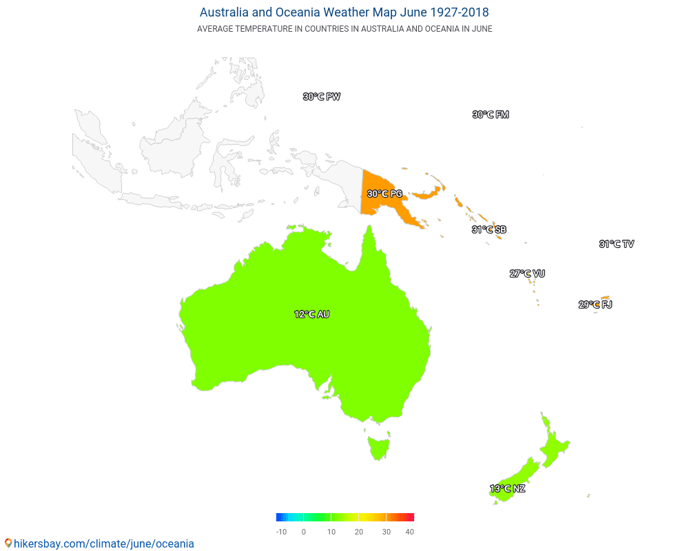 澳大利亚和大洋洲 - 澳大利亚和大洋洲 多年来的平均温度。 6月 的平均天气。 hikersbay.com
