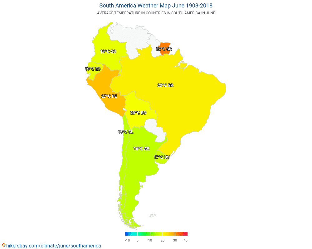 أمريكا الجنوبية - متوسط درجة الحرارة في أمريكا الجنوبية على مر السنين. متوسط الطقس في يونيه. hikersbay.com