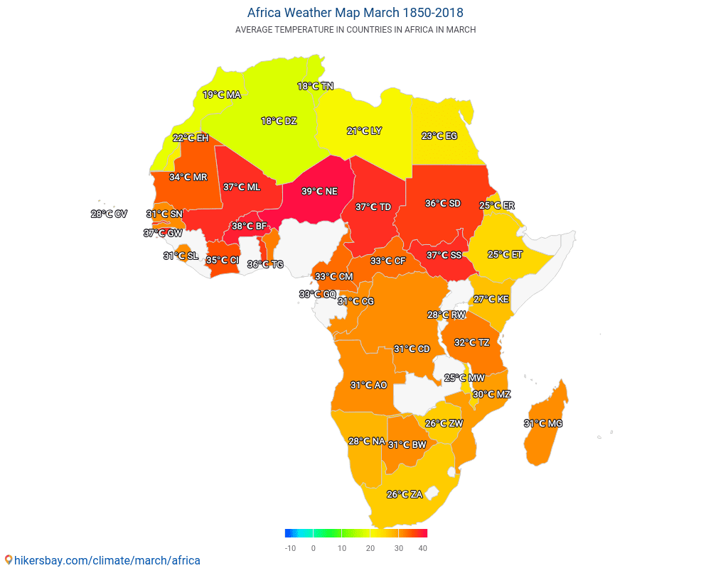 Afrika - Gemiddelde temperatuur in de Afrika door de jaren heen. Het gemiddelde weer in Maart. hikersbay.com