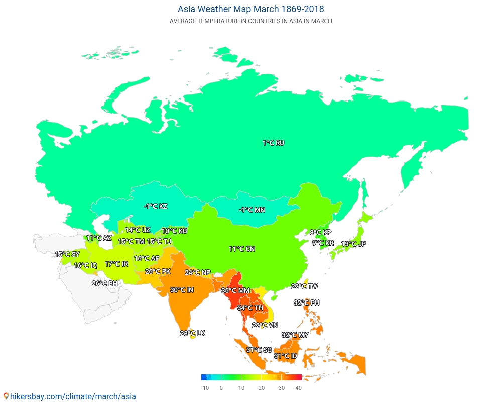 Ásia - Temperatura média em Ásia ao longo dos anos. Clima médio em Março. hikersbay.com