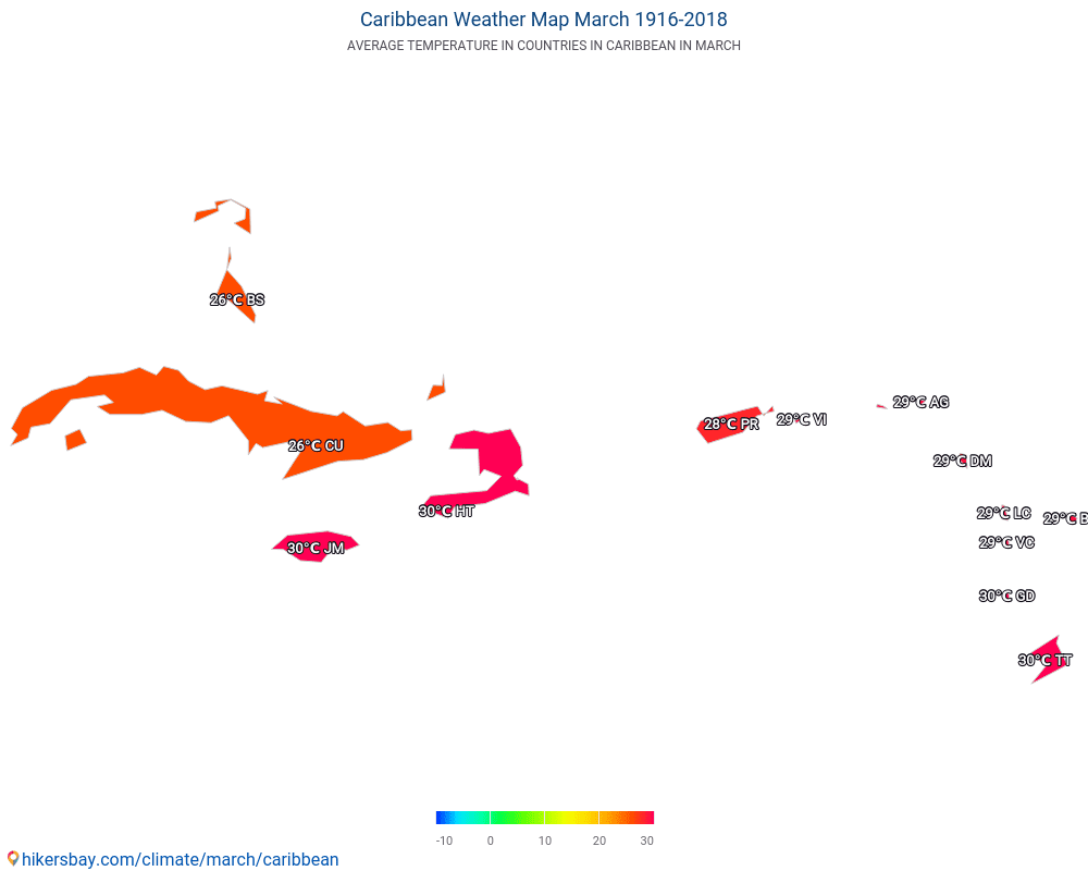 Karibik - Průměrná teplota v Karibik během let. Průměrné počasí v Březen. hikersbay.com