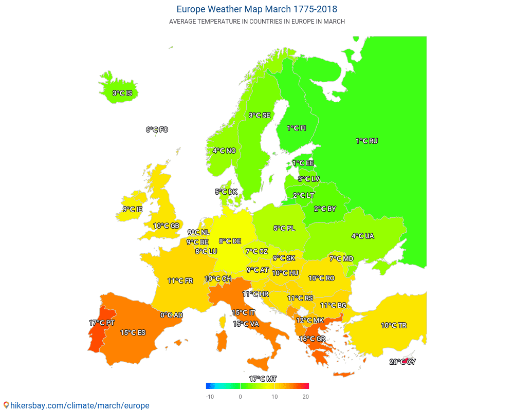 Europa - Gemiddelde temperatuur in Europa door de jaren heen. Gemiddeld weer in Maart. hikersbay.com